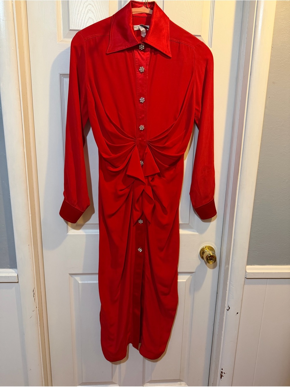 VTG 80s Victor Costa Red Ruched Midi Shirtdress Rhinestone Flower Button Satin S